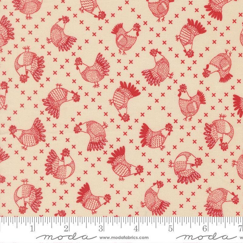 Image of The Henhouse Cross Stitch Cloud Barn quilting cotton fabric by Gingiber for Moda Fabrics. Features red chickens on a cream background. Cute Little Fabric Shop.