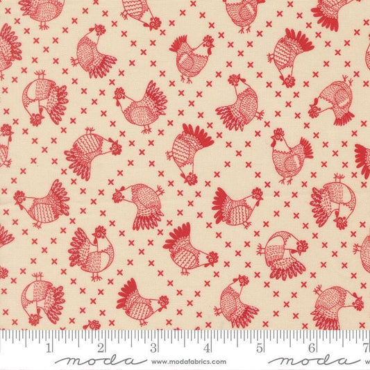 Image of The Henhouse Cross Stitch Cloud Barn quilting cotton fabric by Gingiber for Moda Fabrics. Features red chickens on a cream background. Cute Little Fabric Shop.