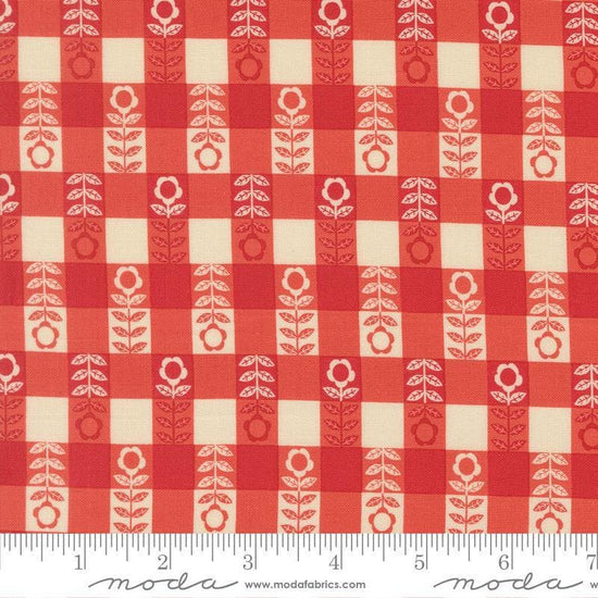 Image of The Henhouse Plaid Barn quilting cotton fabric by Gingiber for Moda Fabrics. Features checkers on a red background. Cute Little Fabric Shop.