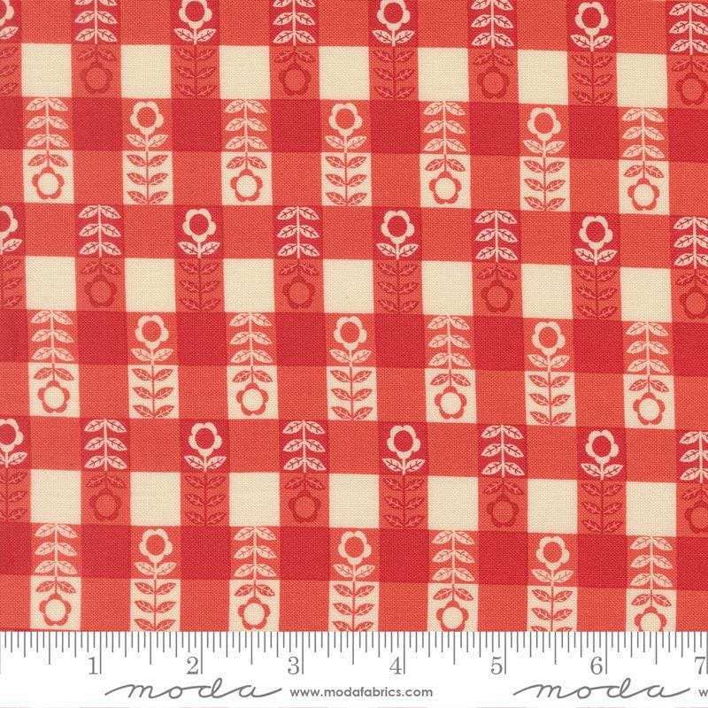 Image of The Henhouse Plaid Barn quilting cotton fabric by Gingiber for Moda Fabrics. Features checkers on a red background. Cute Little Fabric Shop.