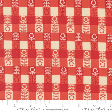 Image of The Henhouse Plaid Barn quilting cotton fabric by Gingiber for Moda Fabrics. Features checkers on a red background. Cute Little Fabric Shop.