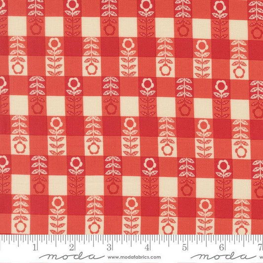 Image of The Henhouse Plaid Barn quilting cotton fabric by Gingiber for Moda Fabrics. Features checkers on a red background. Cute Little Fabric Shop.