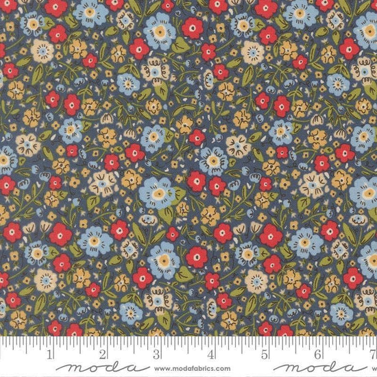 Image of The Henhouse Calico Denim quilting cotton fabric by Gingiber for Moda Fabrics. Features flowers on a brown background. Cute Little Fabric Shop.