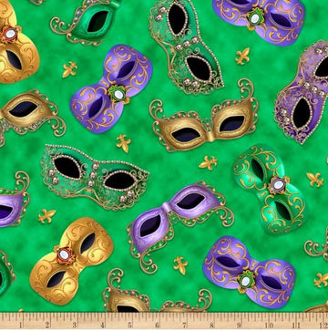 Mardi Gras Tossed Masks Green Masked Fabrics - 28443 G - QT Fabrics Quilting Cotton Fabric