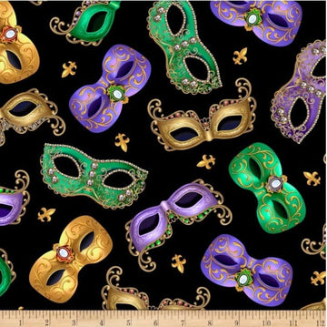 Mardi Gras Tossed Masks Black Masked Fabrics - 28443 J - QT Fabrics Quilting Cotton Fabric