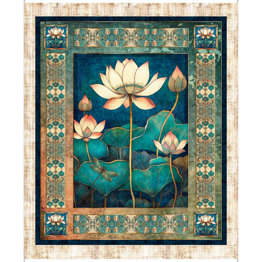 Serenity Lotus Flower Panel Multi Blue Green Floral Fabric - 31831 X - QT Fabrics Quilting Cotton Fabric