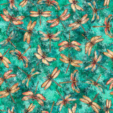 Image of Serenity Dragonflies Turquoise quilting cotton fabric by Morris Creative Group for QT Fabrics. Features dragonflies on a blue background. Cute Little Fabric Shop
