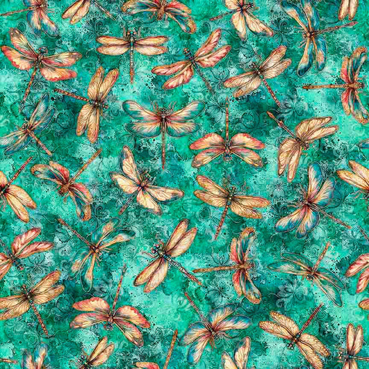 Image of Serenity Dragonflies Turquoise quilting cotton fabric by Morris Creative Group for QT Fabrics. Features dragonflies on a blue background. Cute Little Fabric Shop