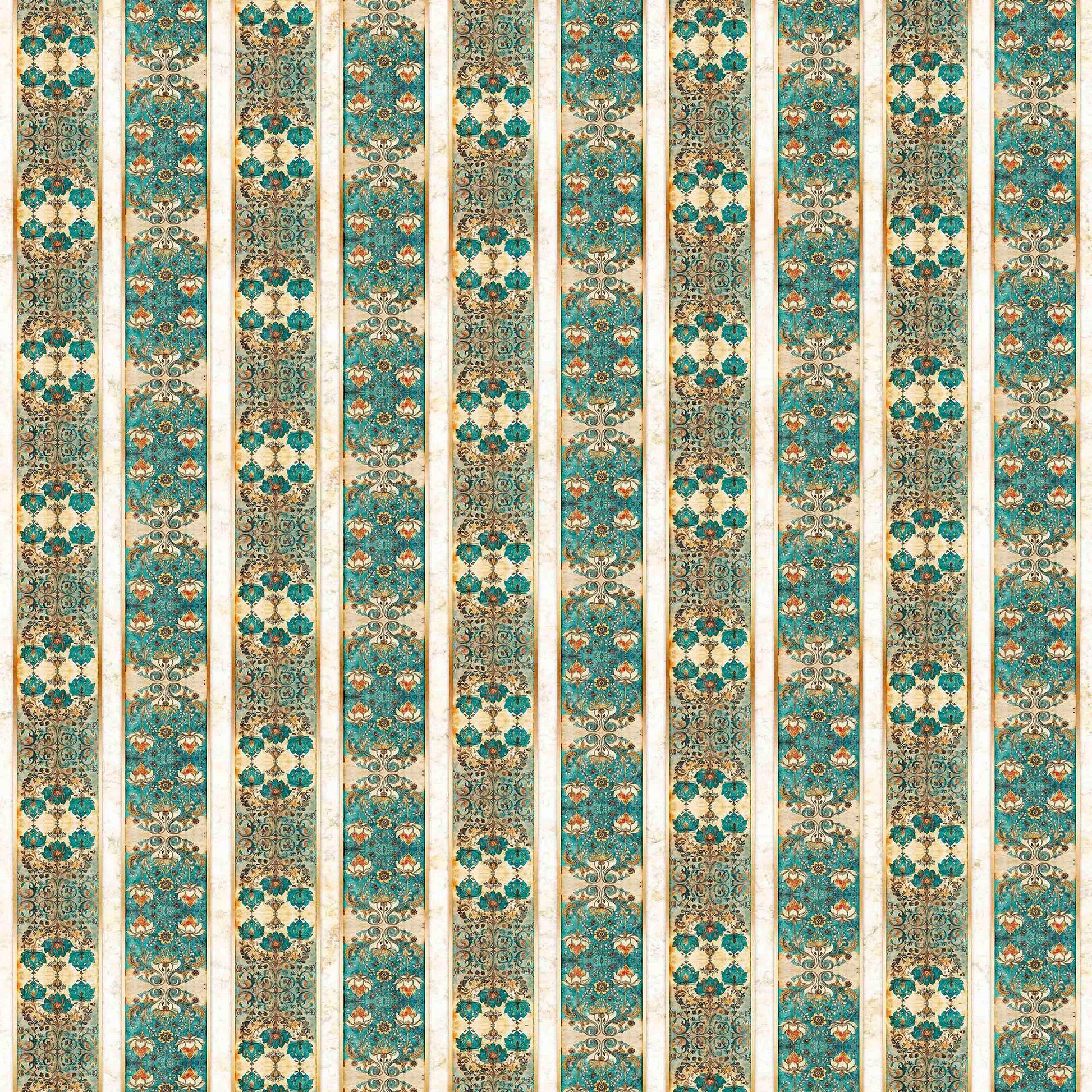 Image of Serenity Lotus Flower Decorative Strips Multi quilting cotton fabric by Morris Creative Group for QT Fabrics. Features flowers on a green background. Cute Little Fabric Shop