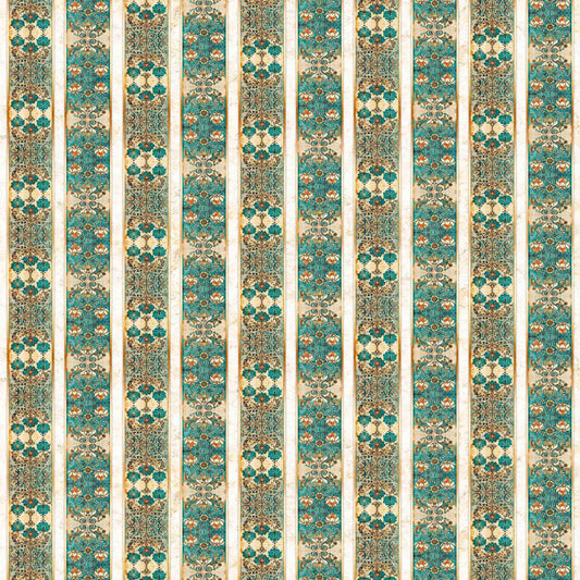 Image of Serenity Lotus Flower Decorative Strips Multi quilting cotton fabric by Morris Creative Group for QT Fabrics. Features flowers on a green background. Cute Little Fabric Shop