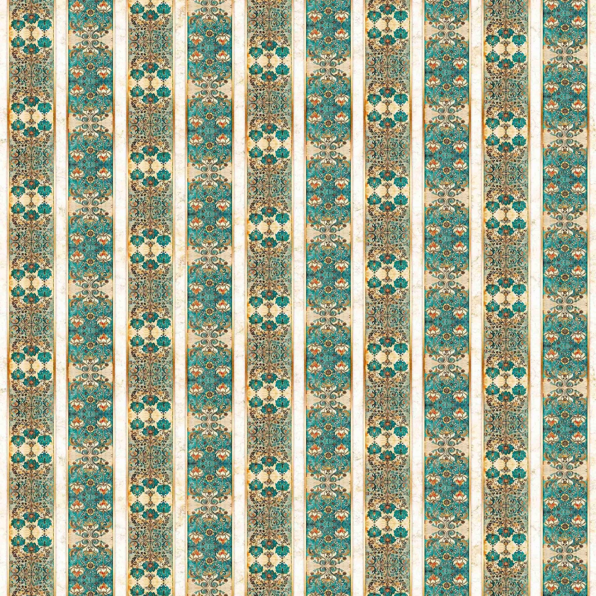 Image of Serenity Lotus Flower Decorative Strips Multi quilting cotton fabric by Morris Creative Group for QT Fabrics. Features flowers on a green background. Cute Little Fabric Shop