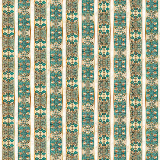 Image of Serenity Lotus Flower Decorative Strips Multi quilting cotton fabric by Morris Creative Group for QT Fabrics. Features flowers on a green background. Cute Little Fabric Shop