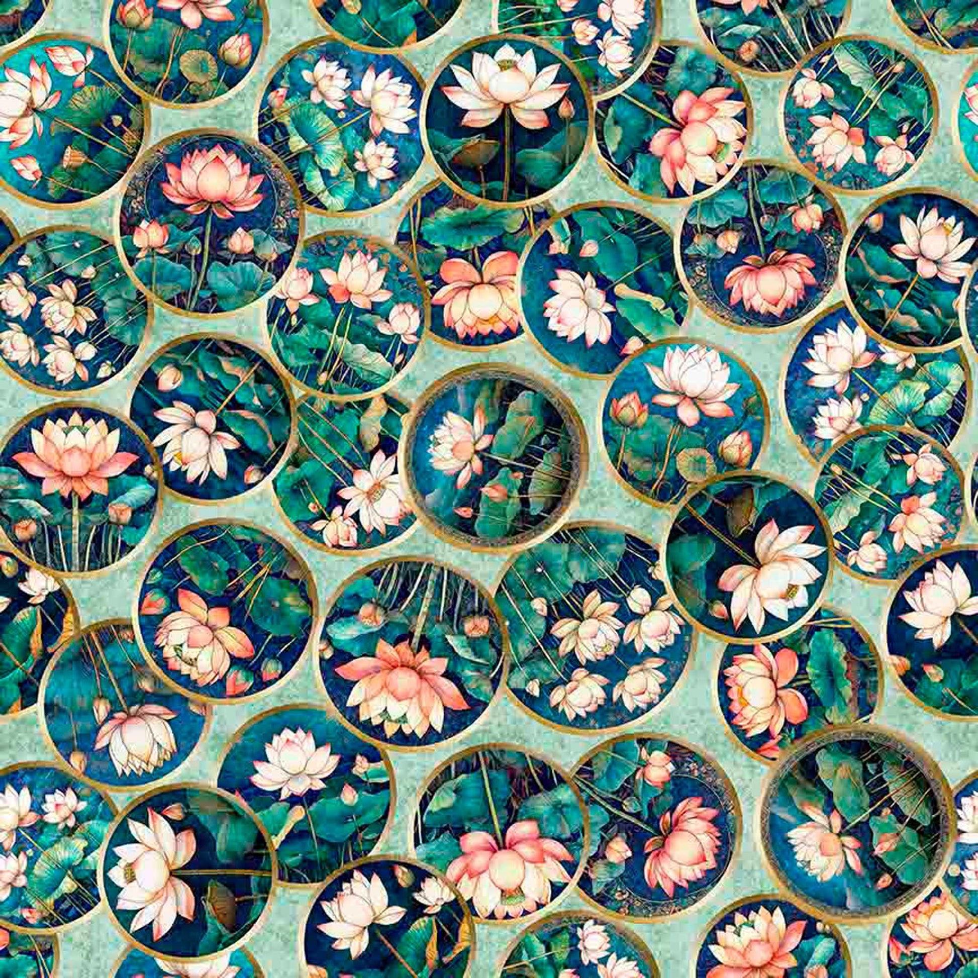 Image of Serenity Lotus Circle Vignettes Mint quilting cotton fabric by Morris Creative Group for QT Fabrics. Features flowers on a blue background. Cute Little Fabric Shop