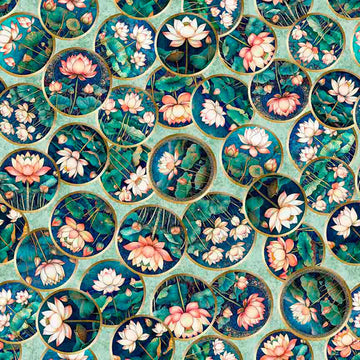 Image of Serenity Lotus Circle Vignettes Mint quilting cotton fabric by Morris Creative Group for QT Fabrics. Features flowers on a blue background. Cute Little Fabric Shop