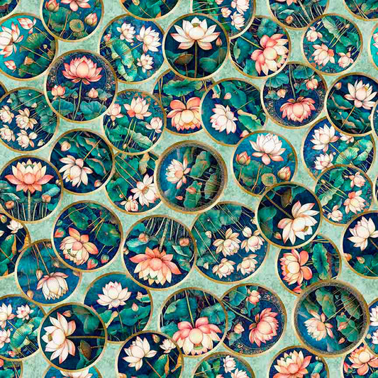 Image of Serenity Lotus Circle Vignettes Mint quilting cotton fabric by Morris Creative Group for QT Fabrics. Features flowers on a blue background. Cute Little Fabric Shop