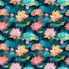 Image of Serenity Lotus Flower Allover Multi quilting cotton fabric by Morris Creative Group for QT Fabrics. Features flowers on a blue background. Cute Little Fabric Shop