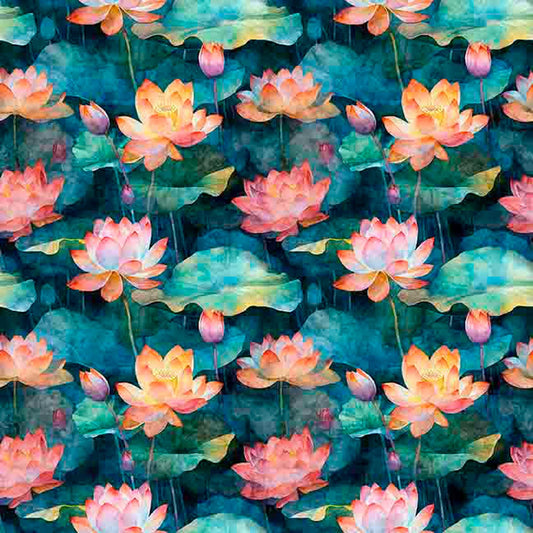 Image of Serenity Lotus Flower Allover Multi quilting cotton fabric by Morris Creative Group for QT Fabrics. Features flowers on a blue background. Cute Little Fabric Shop