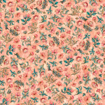 Image of Serenity Lotus Flower Toss Peach quilting cotton fabric by Morris Creative Group for QT Fabrics. Features flowers on a pink background. Cute Little Fabric Shop