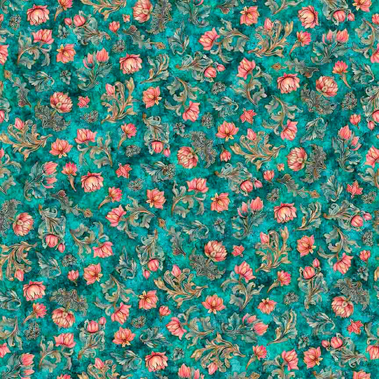 Image of Serenity Lotus Flower Toss Turquoise quilting cotton fabric by Morris Creative Group for QT Fabrics. Features flowers on a blue background. Cute Little Fabric Shop