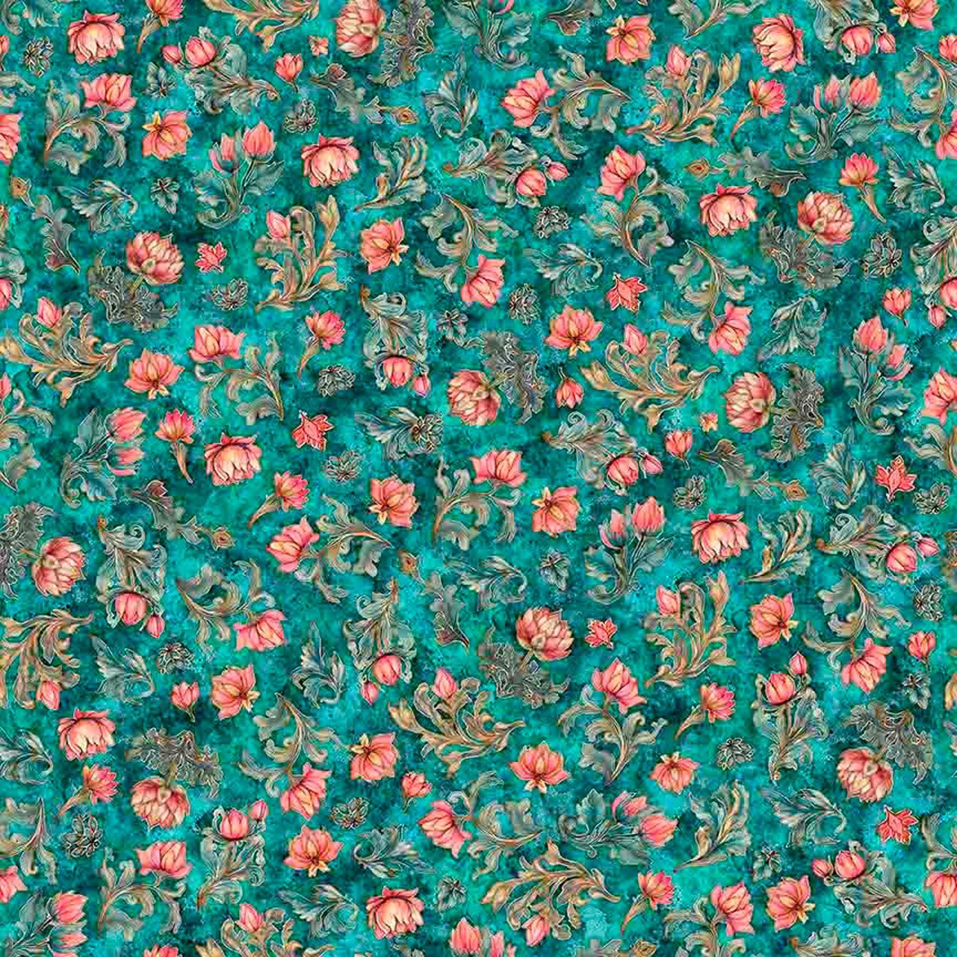 Image of Serenity Lotus Flower Toss Turquoise quilting cotton fabric by Morris Creative Group for QT Fabrics. Features flowers on a blue background. Cute Little Fabric Shop