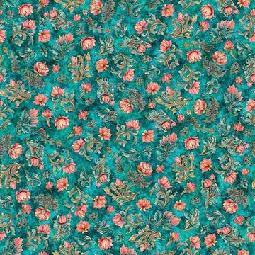 Image of Serenity Lotus Flower Toss Turquoise quilting cotton fabric by Morris Creative Group for QT Fabrics. Features flowers on a blue background. Cute Little Fabric Shop