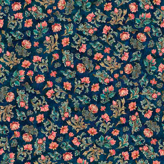 Image of Serenity Lotus Flower Toss Navy quilting cotton fabric by Morris Creative Group for QT Fabrics. Features flowers on a blue background. Cute Little Fabric Shop