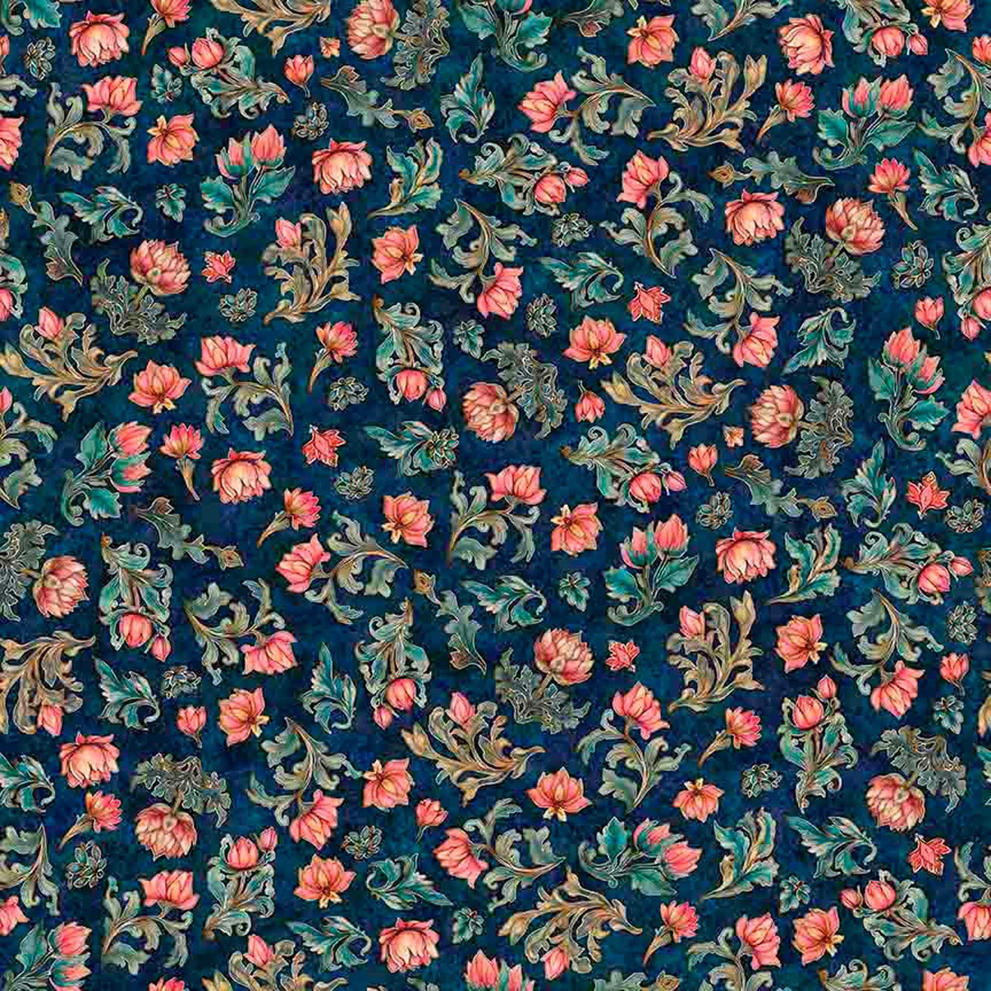 Image of Serenity Lotus Flower Toss Navy quilting cotton fabric by Morris Creative Group for QT Fabrics. Features flowers on a blue background. Cute Little Fabric Shop