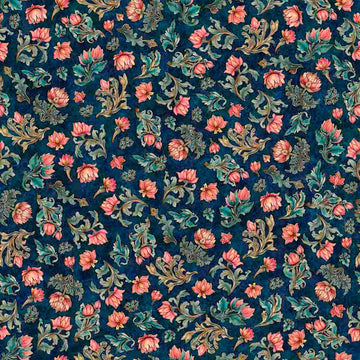 Image of Serenity Lotus Flower Toss Navy quilting cotton fabric by Morris Creative Group for QT Fabrics. Features flowers on a blue background. Cute Little Fabric Shop