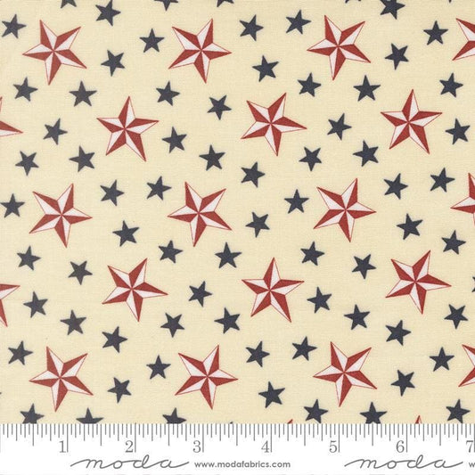Image of America 250 Years Tossed Stars Parchment quilting cotton fabric by Deb Strain for Moda Fabrics. Features stars on a cream background. Cute Little Fabric Shop.
