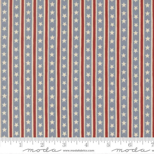 Image of America 250 Years Stars in Stripes Steel Blue quilting cotton fabric by Deb Strain for Moda Fabrics. Features stars and stripes on a blue background. Cute Little Fabric Shop.