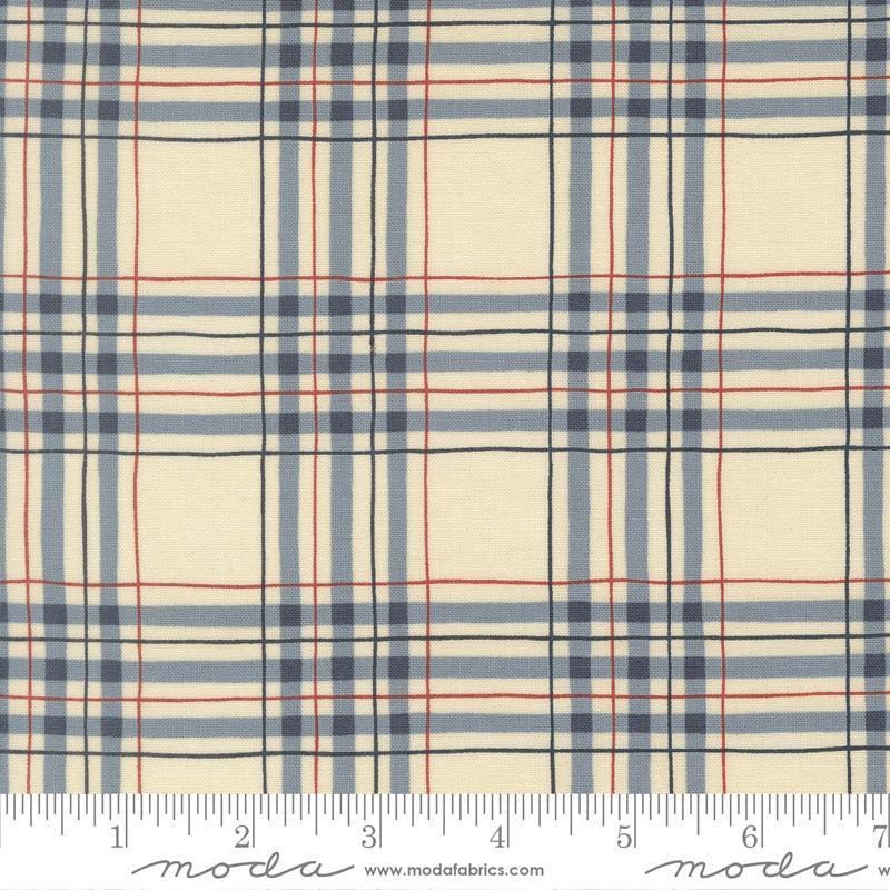 Image of America 250 Years Plaid Parchment Blue quilting cotton fabric by Deb Strain for Moda Fabrics. Features plaid on a cream background. Cute Little Fabric Shop.