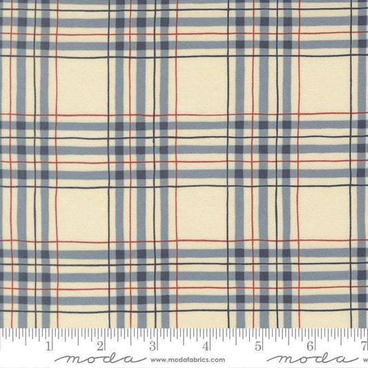 Image of America 250 Years Plaid Parchment Blue quilting cotton fabric by Deb Strain for Moda Fabrics. Features plaid on a cream background. Cute Little Fabric Shop.