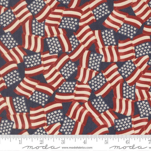 Image of America 250 Years Flags Loyalty Blue quilting cotton fabric by Deb Strain for Moda Fabrics. Features flags on a blue background. Cute Little Fabric Shop.