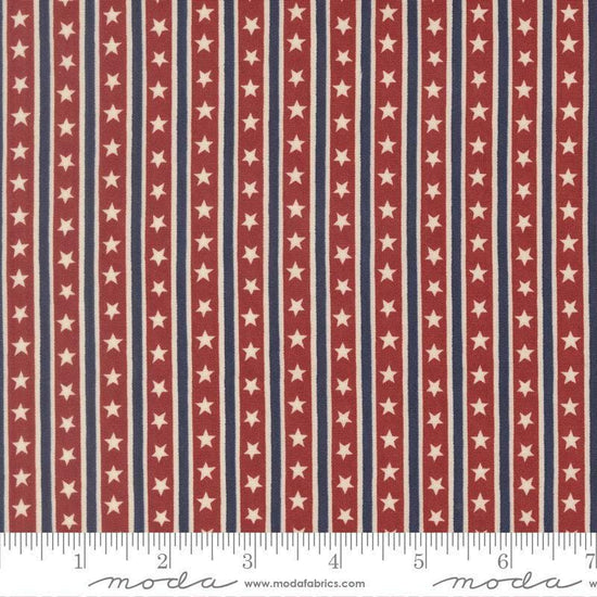 Image of America 250 Years Stars in Stripes Brave Crimson quilting cotton fabric by Deb Strain for Moda Fabrics. Features stars and stripes on a red background. Cute Little Fabric Shop.