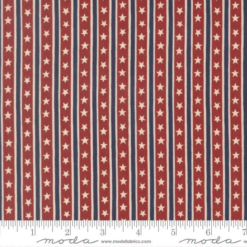 Image of America 250 Years Stars in Stripes Brave Crimson quilting cotton fabric by Deb Strain for Moda Fabrics. Features stars and stripes on a red background. Cute Little Fabric Shop.