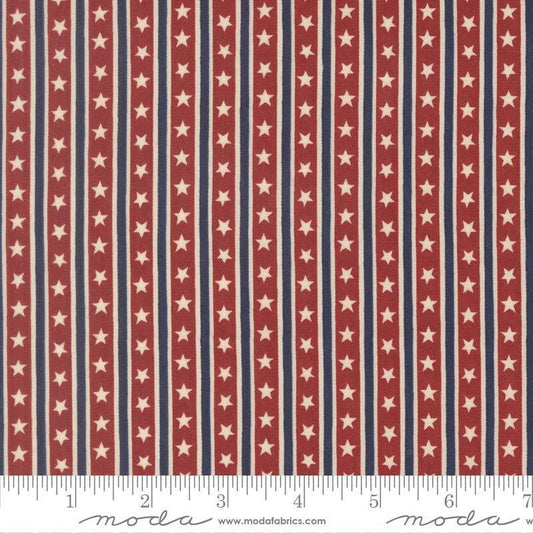 Image of America 250 Years Stars in Stripes Brave Crimson quilting cotton fabric by Deb Strain for Moda Fabrics. Features stars and stripes on a red background. Cute Little Fabric Shop.