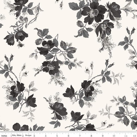 SALE 3-Yard Cut - Ink & Ivory Large Floral Ivory White WIDBACK 108" Wide Floral Fabric - Riley Blake Quilting Cotton Fabric