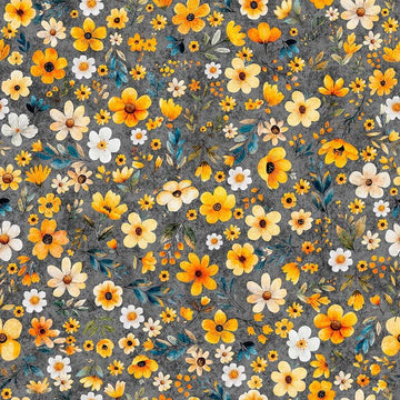 Image of Buzz, Buzz, Buzz Floral Dark Gray quilting cotton fabric by Morris Creative Group for QT Fabrics. Features flowers on a gray background. Cute Little Fabric Shop.