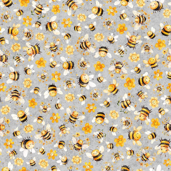 Image of Buzz, Buzz, Buzz Bee & Floral Toss Gray quilting cotton fabric by Morris Creative Group for QT Fabrics. Features flowers and bees on a gray background. Cute Little Fabric Shop.