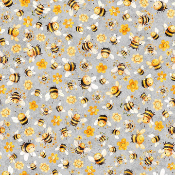Image of Buzz, Buzz, Buzz Bee & Floral Toss Gray quilting cotton fabric by Morris Creative Group for QT Fabrics. Features flowers and bees on a gray background. Cute Little Fabric Shop.