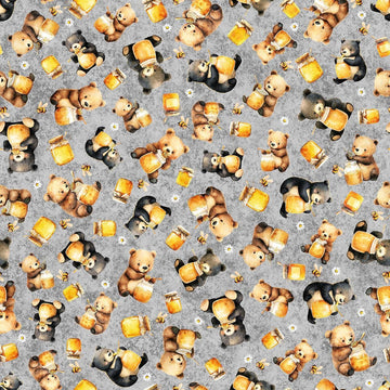 Image of Buzz, Buzz, Buzz Bears & Honey Gray quilting cotton fabric by Morris Creative Group for QT Fabrics. Features bears on a gray background. Cute Little Fabric Shop.