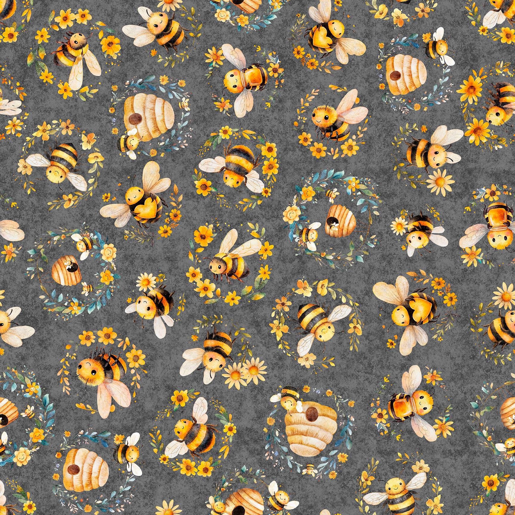 Image of Buzz, Buzz, Buzz Bee & Beehives Dark Gray quilting cotton fabric by Morris Creative Group for QT Fabrics. Features bees on a gray background. Cute Little Fabric Shop.