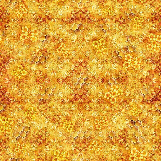 Image of Buzz, Buzz, Buzz Honeycomb Blender Tangerine quilting cotton fabric by Morris Creative Group for QT Fabrics. Features flowers on a orange background. Cute Little Fabric Shop.