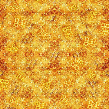 Image of Buzz, Buzz, Buzz Honeycomb Blender Tangerine quilting cotton fabric by Morris Creative Group for QT Fabrics. Features flowers on a orange background. Cute Little Fabric Shop.