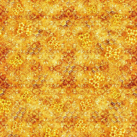 Image of Buzz, Buzz, Buzz Honeycomb Blender Tangerine quilting cotton fabric by Morris Creative Group for QT Fabrics. Features flowers on a orange background. Cute Little Fabric Shop.