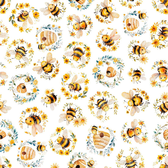 Image of Buzz, Buzz, Buzz Bees & Beehives White quilting cotton fabric by Morris Creative Group for QT Fabrics. Features bees on a white background. Cute Little Fabric Shop.