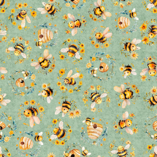 Image of Buzz, Buzz, Buzz Bees & Beehives Sage quilting cotton fabric by Morris Creative Group for QT Fabrics. Features bees on a green background. Cute Little Fabric Shop.