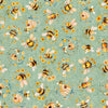 Image of Buzz, Buzz, Buzz Bees & Beehives Sage quilting cotton fabric by Morris Creative Group for QT Fabrics. Features bees on a green background. Cute Little Fabric Shop.