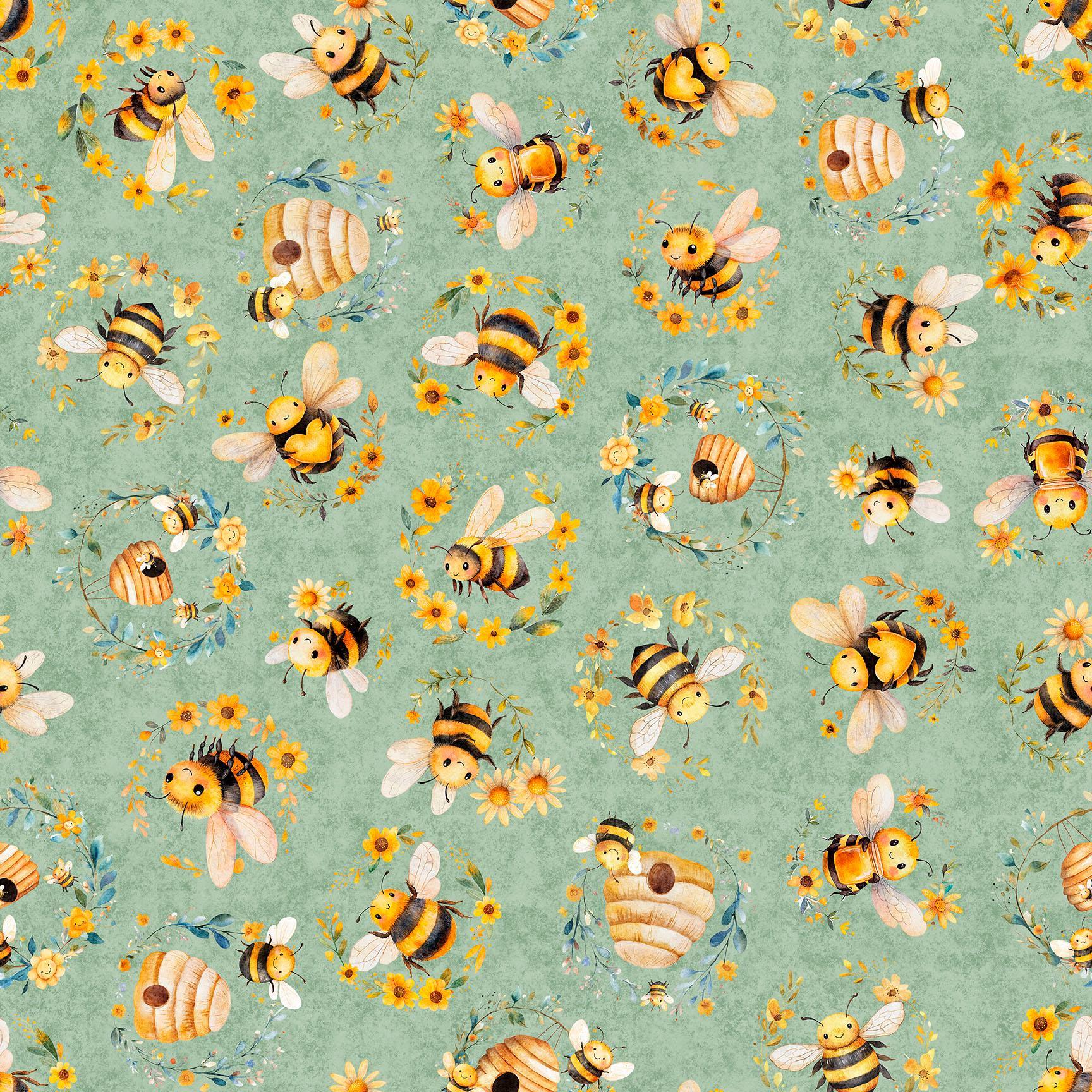 Image of Buzz, Buzz, Buzz Bees & Beehives Sage quilting cotton fabric by Morris Creative Group for QT Fabrics. Features bees on a green background. Cute Little Fabric Shop.