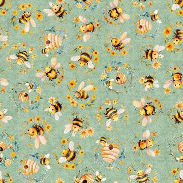 Image of Buzz, Buzz, Buzz Bees & Beehives Sage quilting cotton fabric by Morris Creative Group for QT Fabrics. Features bees on a green background. Cute Little Fabric Shop.